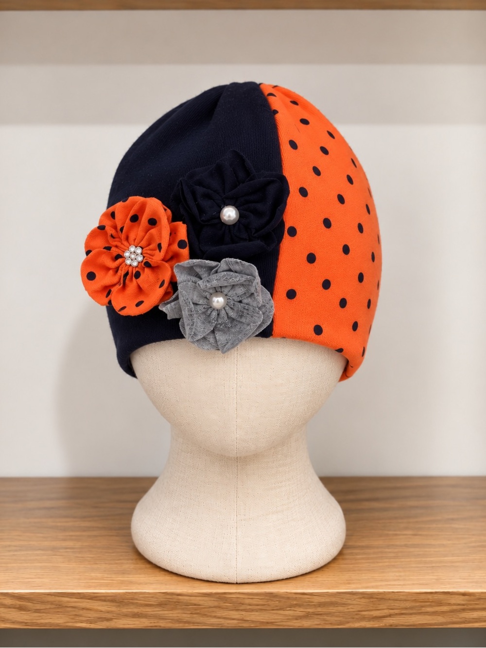 Kids Navy and Orange Polka Dot Flower Beanie